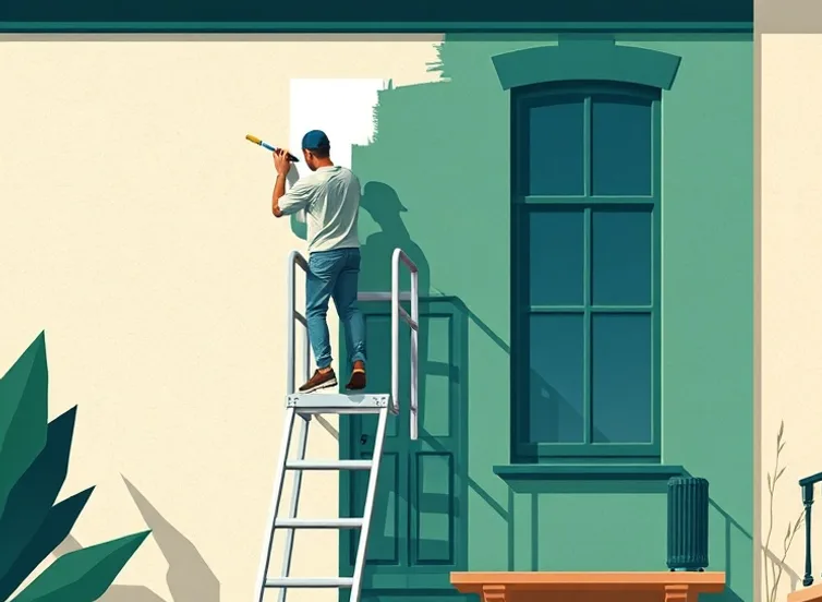 Peintre sur échafaudage traitant la façade d'une maison